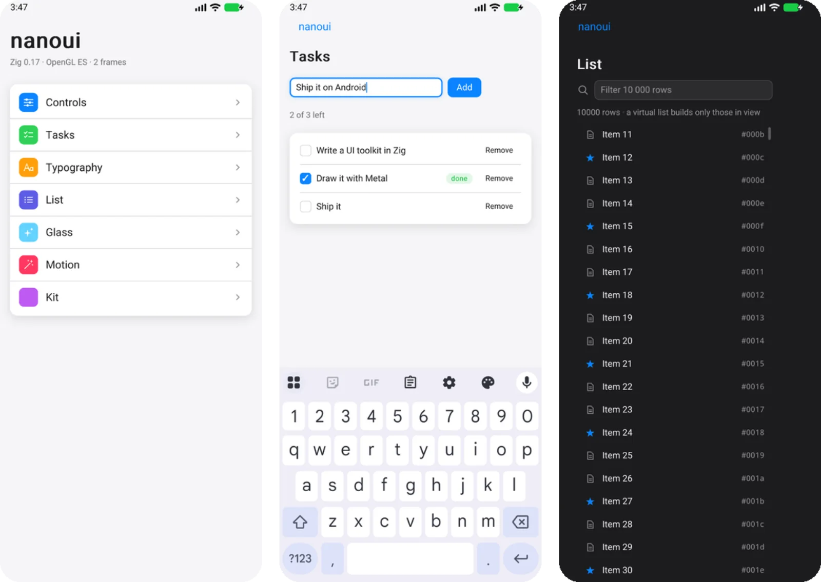 The nanoui Android demo app: navigation, a task list with the software keyboard, and a scrolling list in dark mode